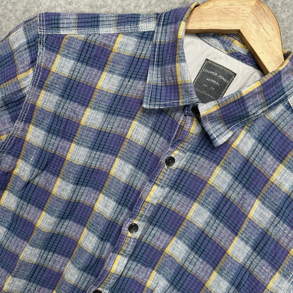 Cooper Jones Button Up Shirt Men's Plaid Short Sleeve Linen Blend Blue Medium